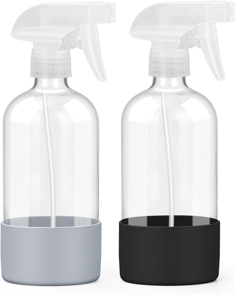 Worldgsb 2 Pack Glass Spray Bottles with Silicone Sleeve, 16 oz Empty Refillable Containers with Adjustable Spray Nozzles, Spray Bottles for Hair, Cleaning Solutions and Plants Black&Grey - Image 1